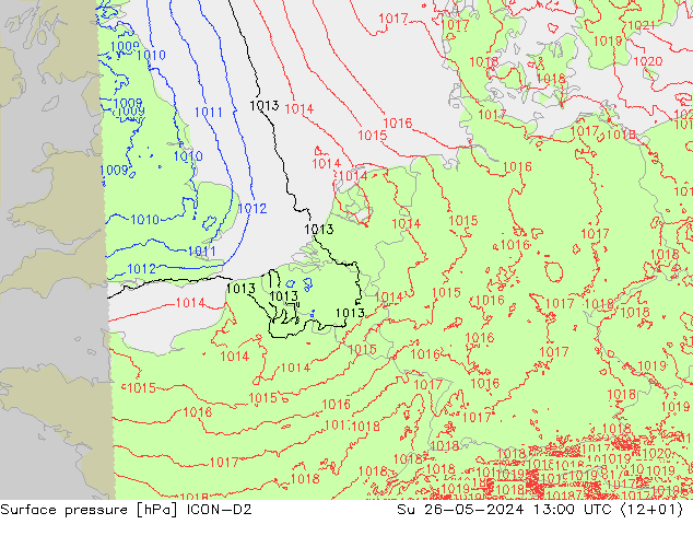 Surface pressure ICON-D2 Su 26.05.2024 13 UTC