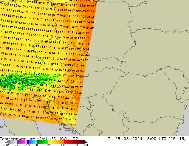 Temperature Low (2m) ICON-D2 Tu 28.05.2024 15 UTC