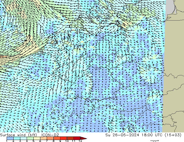 Surface wind (bft) ICON-D2 Su 26.05.2024 18 UTC