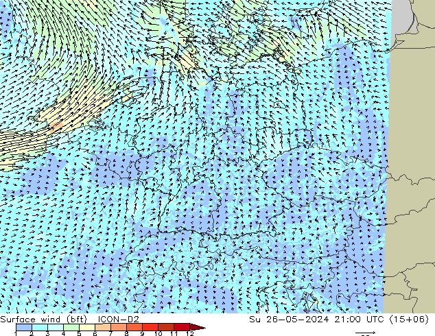 Surface wind (bft) ICON-D2 Su 26.05.2024 21 UTC