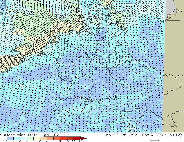 Surface wind (bft) ICON-D2 Mo 27.05.2024 03 UTC