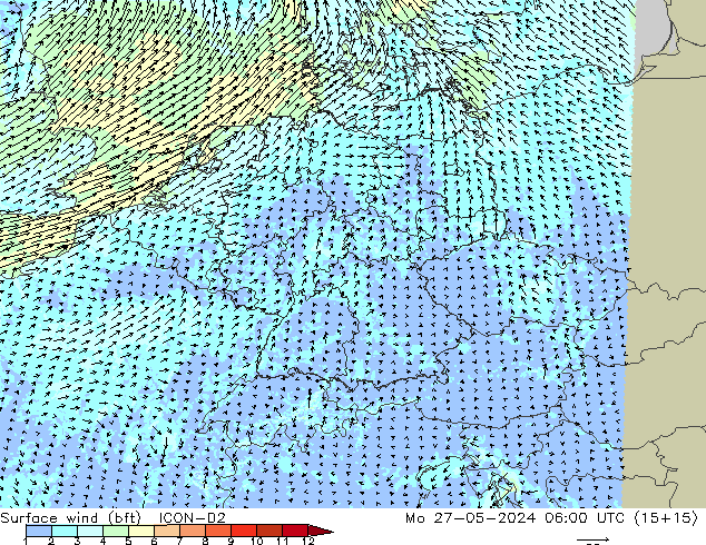 Surface wind (bft) ICON-D2 Po 27.05.2024 06 UTC