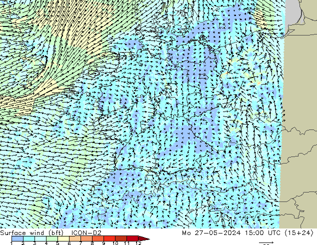 Surface wind (bft) ICON-D2 Po 27.05.2024 15 UTC