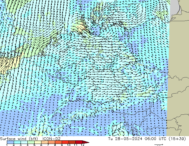 Surface wind (bft) ICON-D2 Tu 28.05.2024 06 UTC