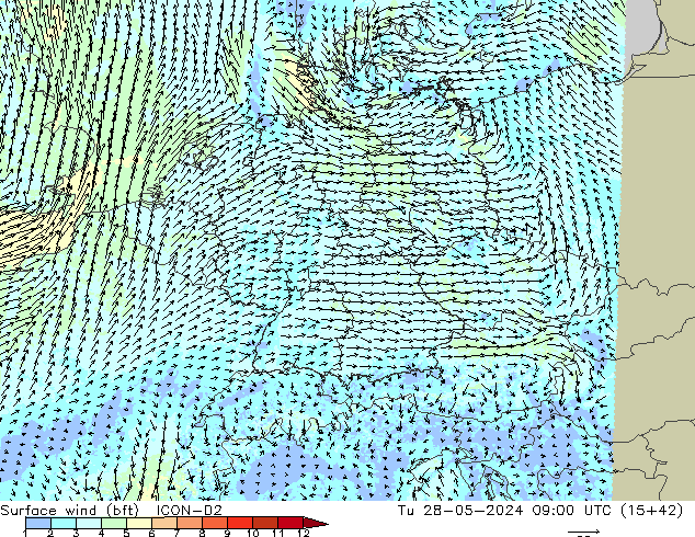 Bodenwind (bft) ICON-D2 Di 28.05.2024 09 UTC
