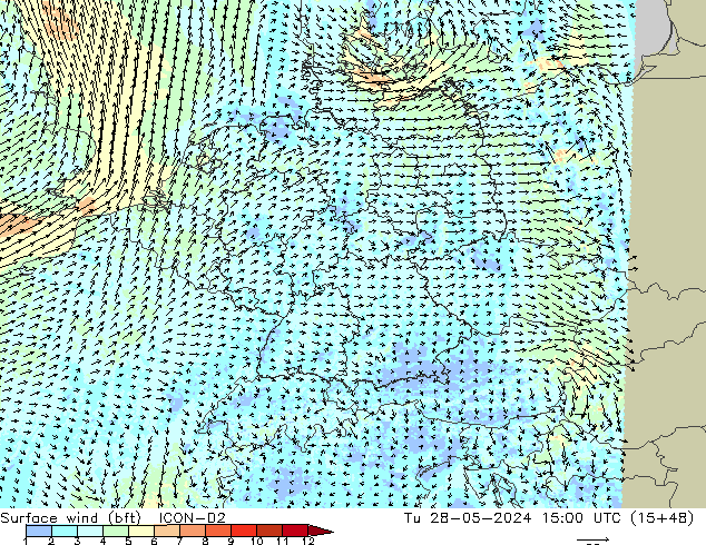 Surface wind (bft) ICON-D2 Út 28.05.2024 15 UTC