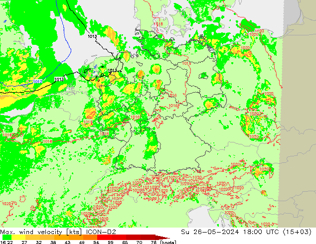 Max. wind velocity ICON-D2  26.05.2024 18 UTC