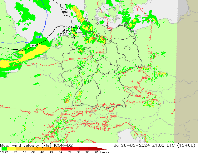 Max. wind velocity ICON-D2  26.05.2024 21 UTC