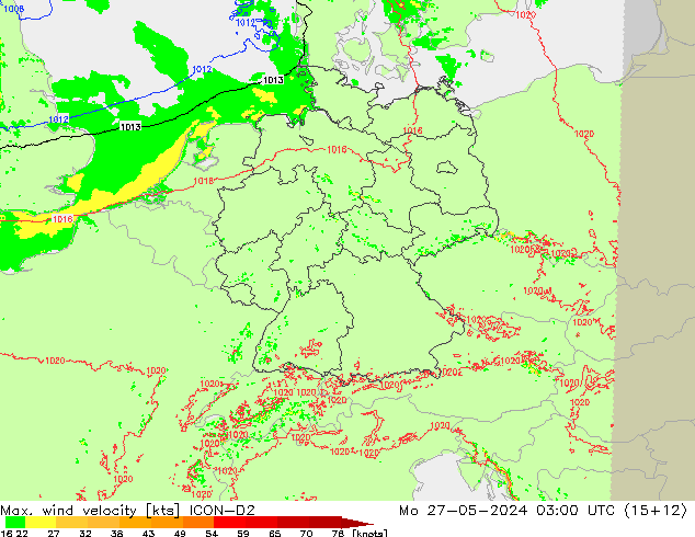 Max. wind velocity ICON-D2 lun 27.05.2024 03 UTC