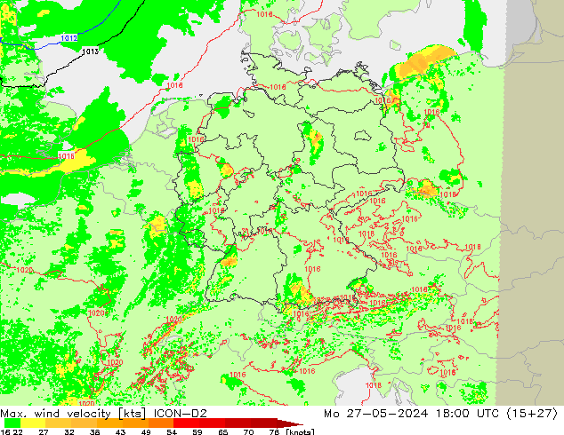 Max. wind velocity ICON-D2 pon. 27.05.2024 18 UTC