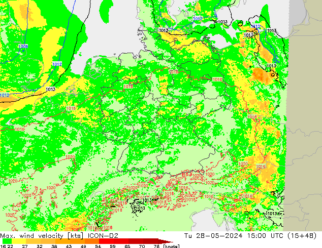 Max. wind velocity ICON-D2 Út 28.05.2024 15 UTC