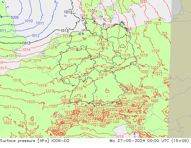 Presión superficial ICON-D2 lun 27.05.2024 00 UTC