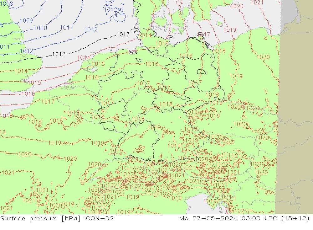 Surface pressure ICON-D2 Mo 27.05.2024 03 UTC