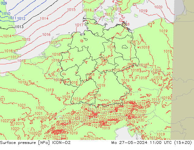 Pressione al suolo ICON-D2 lun 27.05.2024 11 UTC