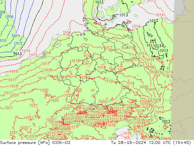 Atmosférický tlak ICON-D2 Út 28.05.2024 12 UTC