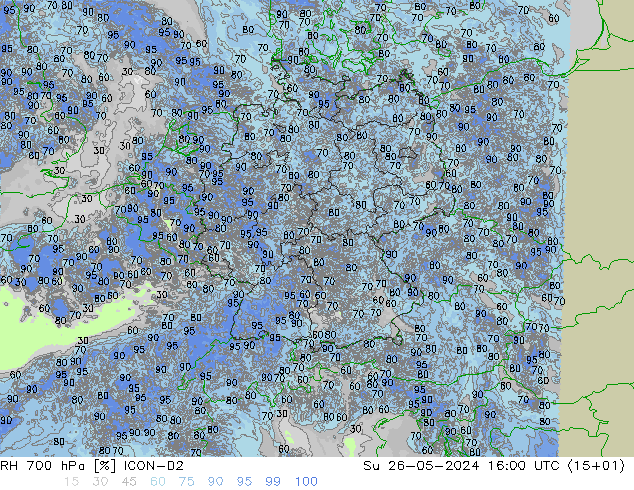 RH 700 hPa ICON-D2 dom 26.05.2024 16 UTC