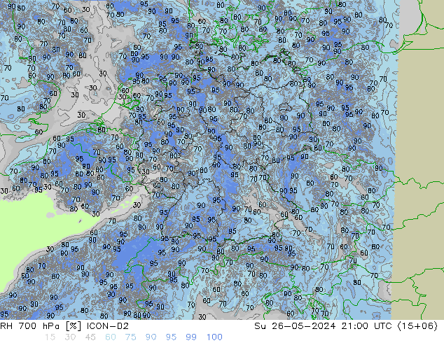 RH 700 hPa ICON-D2 Su 26.05.2024 21 UTC