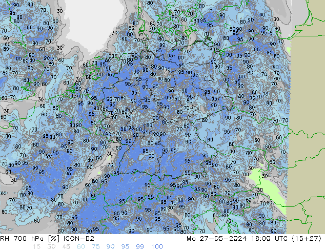 RH 700 hPa ICON-D2 lun 27.05.2024 18 UTC