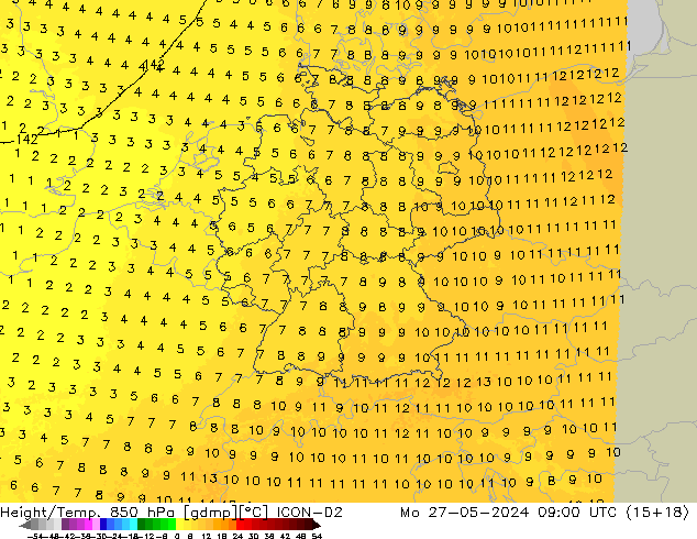 Geop./Temp. 850 hPa ICON-D2 lun 27.05.2024 09 UTC