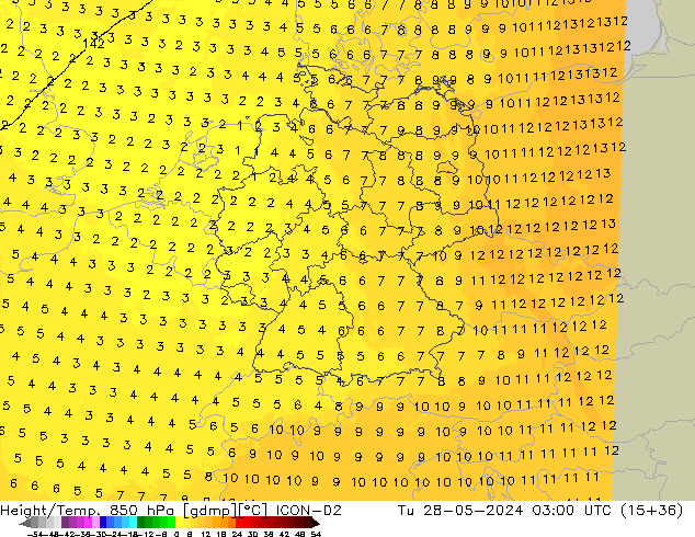 Height/Temp. 850 hPa ICON-D2 Di 28.05.2024 03 UTC