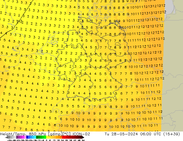 Yükseklik/Sıc. 850 hPa ICON-D2 Sa 28.05.2024 06 UTC