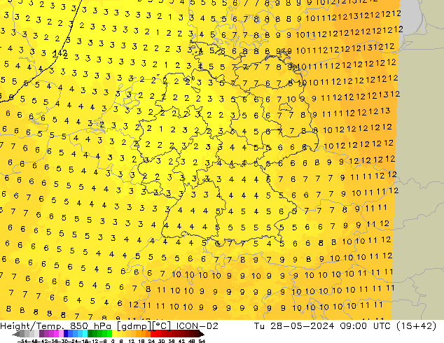 Height/Temp. 850 hPa ICON-D2 mar 28.05.2024 09 UTC