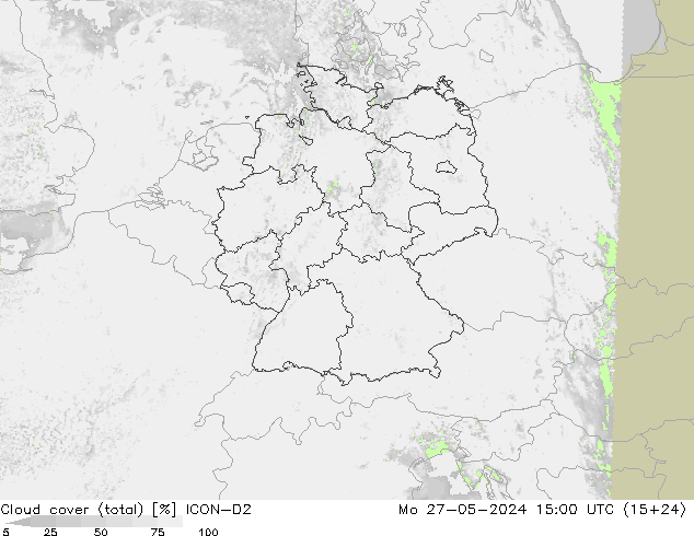 Cloud cover (total) ICON-D2 Po 27.05.2024 15 UTC