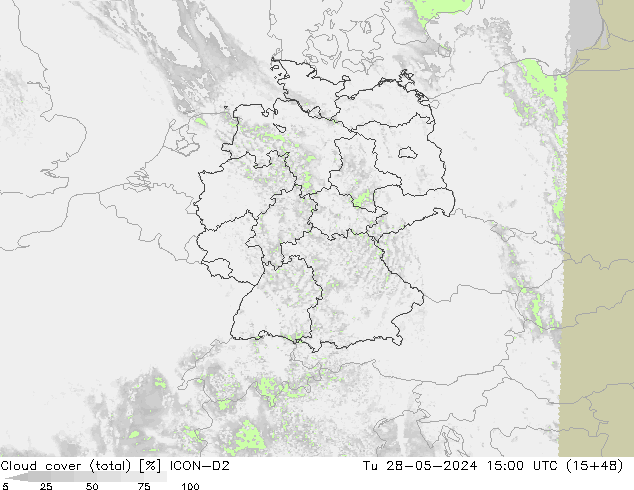 Cloud cover (total) ICON-D2 Tu 28.05.2024 15 UTC