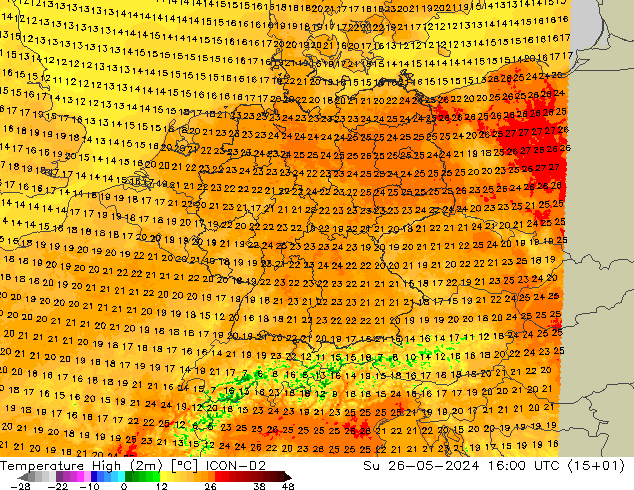 Temperature High (2m) ICON-D2 Su 26.05.2024 16 UTC