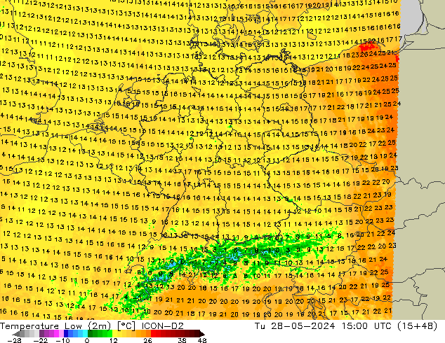 Temperature Low (2m) ICON-D2 Tu 28.05.2024 15 UTC