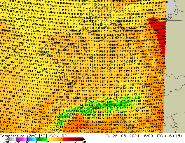 Temperature (2m) ICON-D2 Út 28.05.2024 15 UTC