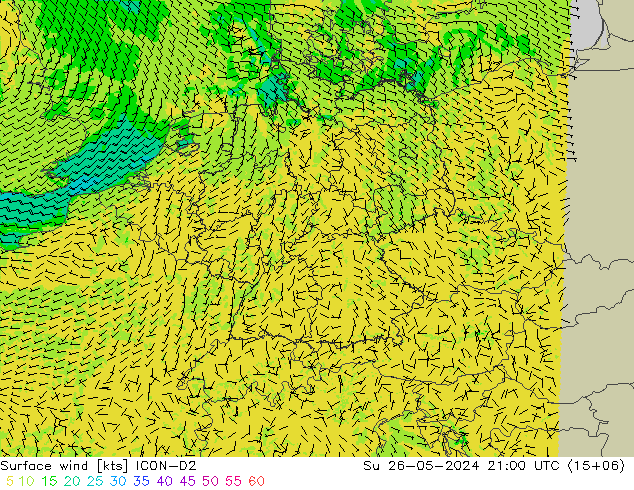 Viento 10 m ICON-D2 dom 26.05.2024 21 UTC