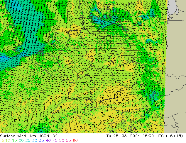 Surface wind ICON-D2 Tu 28.05.2024 15 UTC