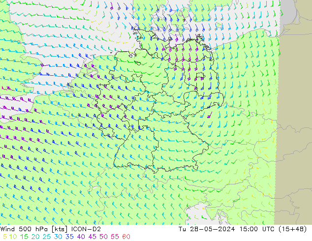 Wind 500 hPa ICON-D2 Út 28.05.2024 15 UTC