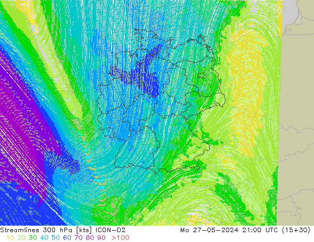 Streamlines 300 hPa ICON-D2 Mo 27.05.2024 21 UTC