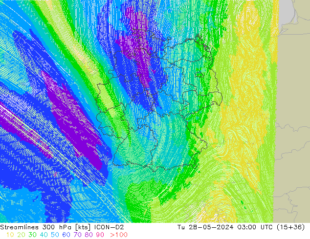Linea di flusso 300 hPa ICON-D2 mar 28.05.2024 03 UTC