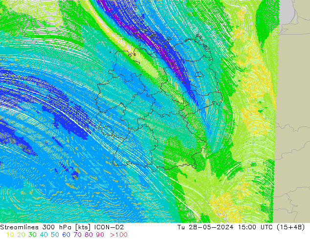 Ligne de courant 300 hPa ICON-D2 mar 28.05.2024 15 UTC