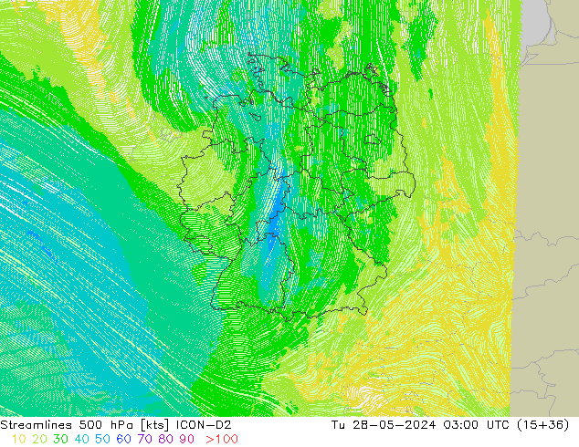 Streamlines 500 hPa ICON-D2 Tu 28.05.2024 03 UTC