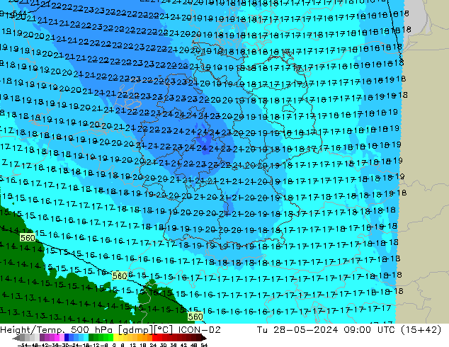 Hoogte/Temp. 500 hPa ICON-D2 di 28.05.2024 09 UTC