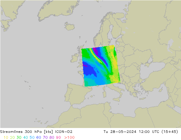 Streamlines 300 hPa ICON-D2 Tu 28.05.2024 12 UTC