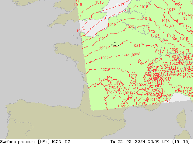 Atmosférický tlak ICON-D2 Út 28.05.2024 00 UTC