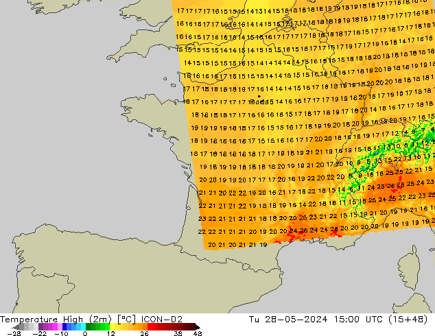 Maksimum Değer (2m) ICON-D2 Sa 28.05.2024 15 UTC