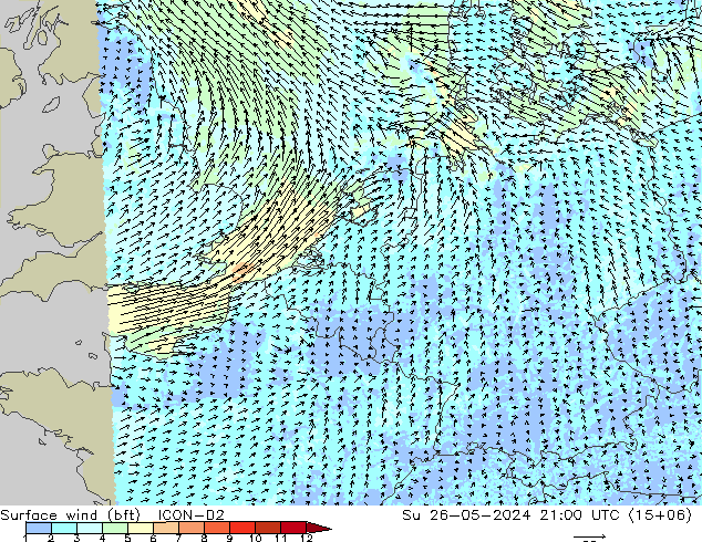 Surface wind (bft) ICON-D2 Su 26.05.2024 21 UTC