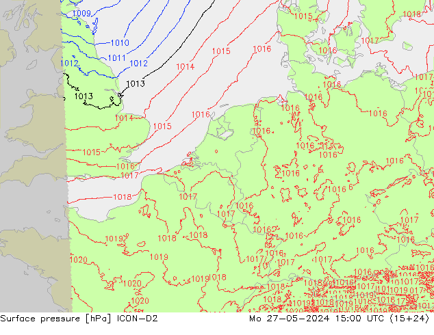 Surface pressure ICON-D2 Mo 27.05.2024 15 UTC