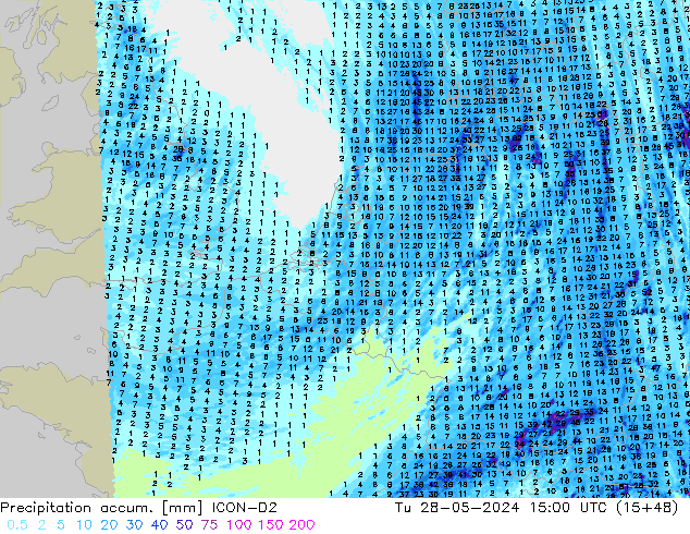 Précipitation accum. ICON-D2 mar 28.05.2024 15 UTC