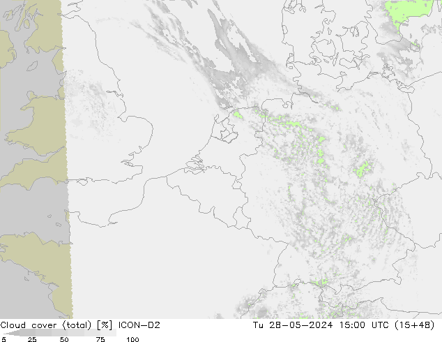 zachmurzenie (suma) ICON-D2 wto. 28.05.2024 15 UTC