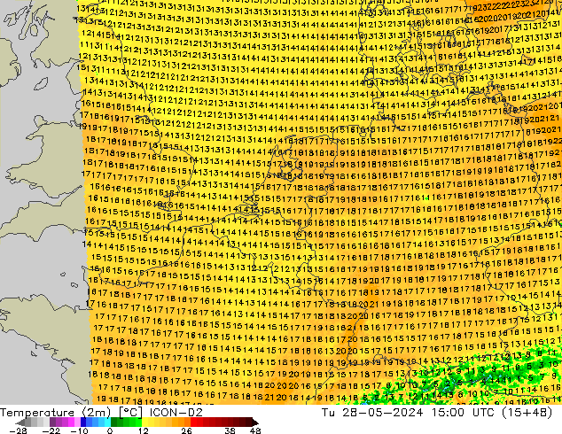 Temperaturkarte (2m) ICON-D2 Di 28.05.2024 15 UTC