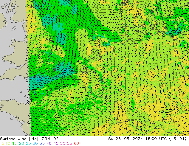 Viento 10 m ICON-D2 dom 26.05.2024 16 UTC