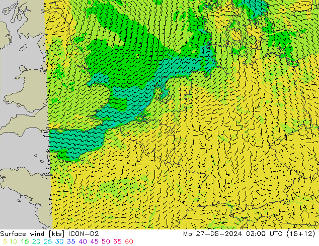 Vent 10 m ICON-D2 lun 27.05.2024 03 UTC