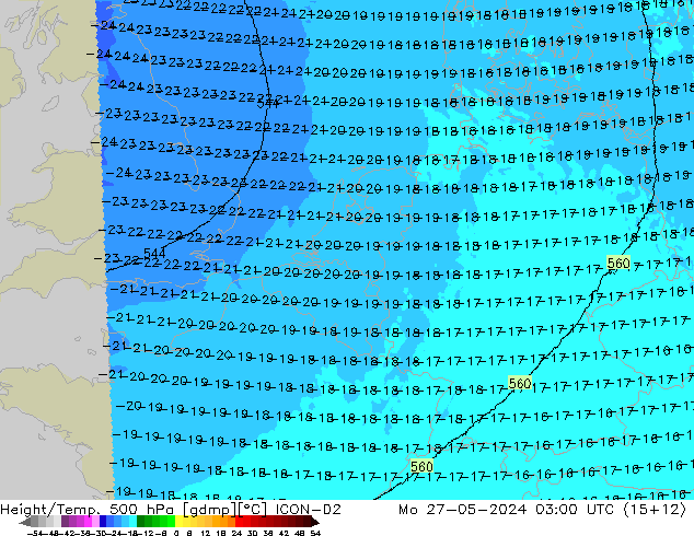 Height/Temp. 500 hPa ICON-D2 Mo 27.05.2024 03 UTC